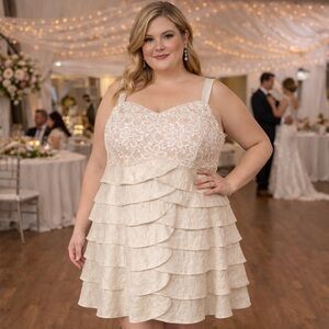 R&M Richards Ivory Champagne Shimmer Lace Embellished Tiered Midi Dress